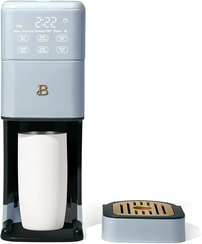 Beautiful Perfect Grind Programmable Single Serve Coffee Maker, Burr Grinder, 64 oz Reservoir, 6 Brew Sizes by Drew Barrymore (Cornflower Blue)