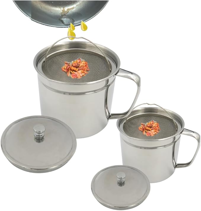 Evelots Cooking Oil Storage Can-Bacon Grease Keeper-2 Pack-Stainless Mesh Strainer-Easy Grip Handle-Large 5 Cup Fat Storage