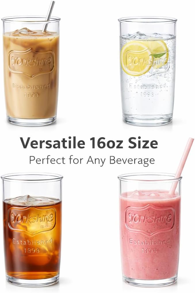 kitchentoolz Drinking Glasses Set of 6 - Yorkshire Tumbler 16 oz Glassware Cups for Cold Drinks, Iced Tea, Water, Cocktails - Classic Mason Jar Style