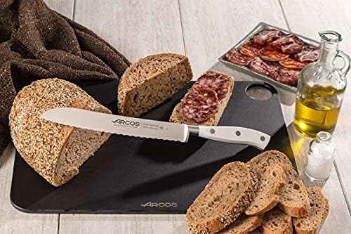 Arcos Bread Knife 8 Inch Nitrum Stainless Steel and 200 mm blade. Obtain a great variety of cuts for your food. Ideal knife for daily domestic use. Series Riviera Blanc. Color White.
