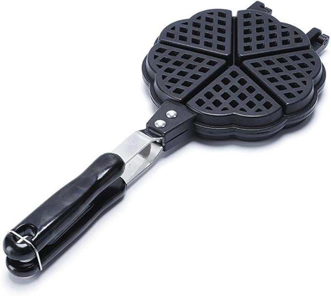Waffle Maker Pan, Makes 5 Mini Heart Shaped Waffles, Stovetop Use for Gas Cooker Campfire, Aluminum Easy Clean, for Family Breakfast