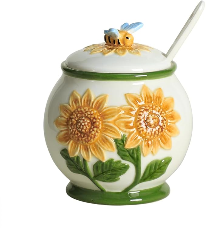 WAIT FLY Embossed Sunflower and Bee Ceramic Sugar Bowl with Lid and Spoon, Sugar Container, Sugar Jar for Kitchen Countertop, Coffee Bar-A