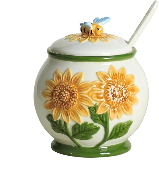WAIT FLY Embossed Sunflower and Bee Ceramic Sugar Bowl with Lid and Spoon, Sugar Container, Sugar Jar for Kitchen Countertop, Coffee Bar-A