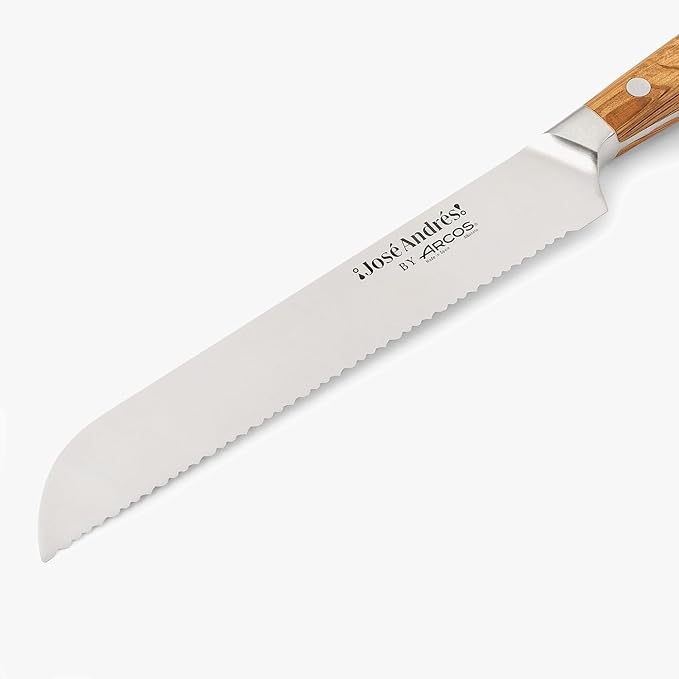 Arcos Jose Andres Bread Knife | 8-Inch Forged Knife for Artisan Breads & Bakery Goods | NITRUM Stainless Steel Blade with Silk Edge | Ergonomic Light Brown Holm Oak Handle