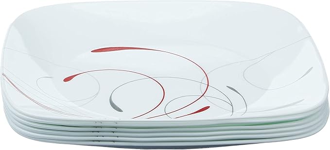 Corelle Vitrelle 6-Piece Dinner Plates Set, Triple Layer Glass and Chip Resistant, Lightweight Square 10-1/2-Inch Plates, Simple Lines