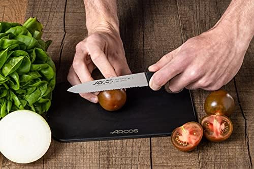 Arcos Paring Knife 5 Inch Stainless Steel. Serrated Tomato Knife for Cutting and Chopping. Ergonomic Polyoxymethylene Handle and 130mm Blade. Series Universal. Color Black