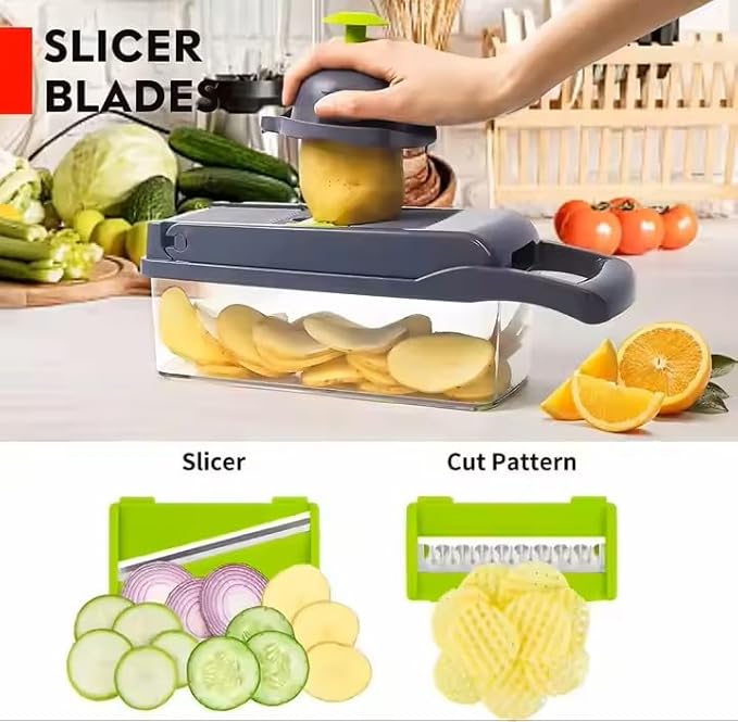 DOSTDR - Vegetable Chopper, Mandoline Slicer, Veggie Chopper, Food Chopper with Container, Vegetable Cutter for Onion Salad Vegetable Chopper, Fruit Slicer, Shredding, Multi-Function (Gray Green)