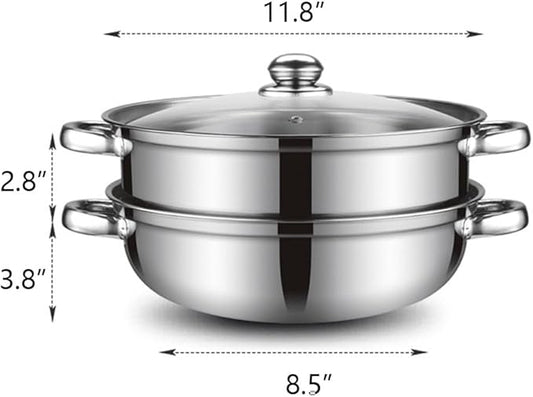Steamer Pot for Cooking [Large Capacity] 11.8 inch Steamer Pot, 2-tier Multipurpose 18/8 Stainless Steel Steam Pot Cookware with Lid for Vegetable, Dumpling, Stock, Sauce, Food