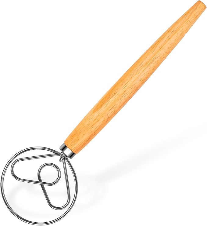 TEEVEA Danish Dough Whisk for Bread Sourdough, Wooden Handle & Stainless Steel Hook