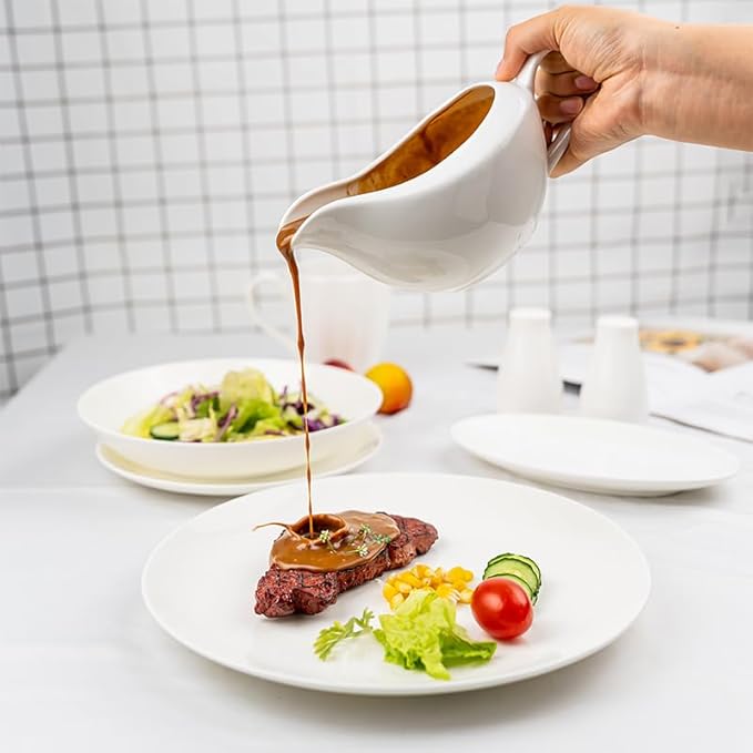 Fine Bone china Gravy Boat with Saucer, Free Salt&Pepper Shaker for Promotion, 14 oz Large Capacity, Pure White Color, Thin and Light Weight, Comfortable to Hold and Easy To Clean, Dishwasher Safe