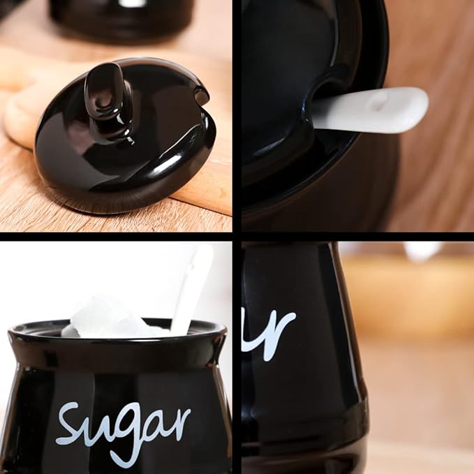 Porcelain Sugar Bowl with Lid and Spoon, 12 Ounces Ceramic Sugar Storage Jar, Sugar Container for Home and Kitchen (Black)