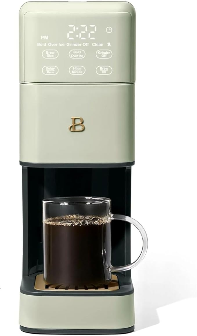 Beautiful Perfect Grind Programmable Single Serve Coffee Maker, Burr Grinder, 64 oz Reservoir, 6 Brew Sizes by Drew Barrymore (Sage Green)