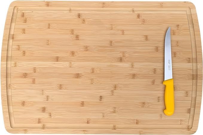 36" x 20" Bamboo Cutting Board for Kitchen Meal Prep and Counter Protection with 8” Stainless Steel Chef Knife, Extra Large, Thick and Heavy Duty, Deep Juice Groove for Meat, Vegetables