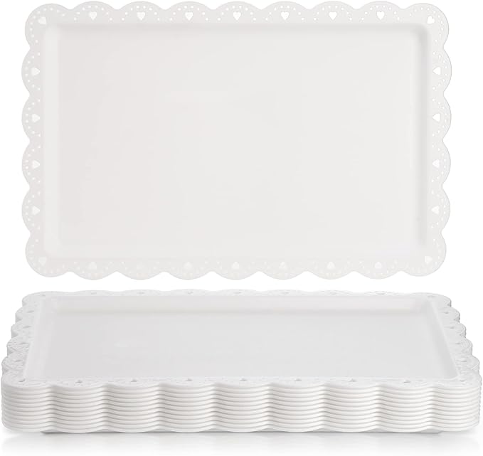 Peohud 12 Pack White Plastic Serving Tray with Lace Rim, Rectangle Food Trays, Disposable Serving Platters and Trays for Party, Wedding, Restaurant, 14.4" x 9.3"