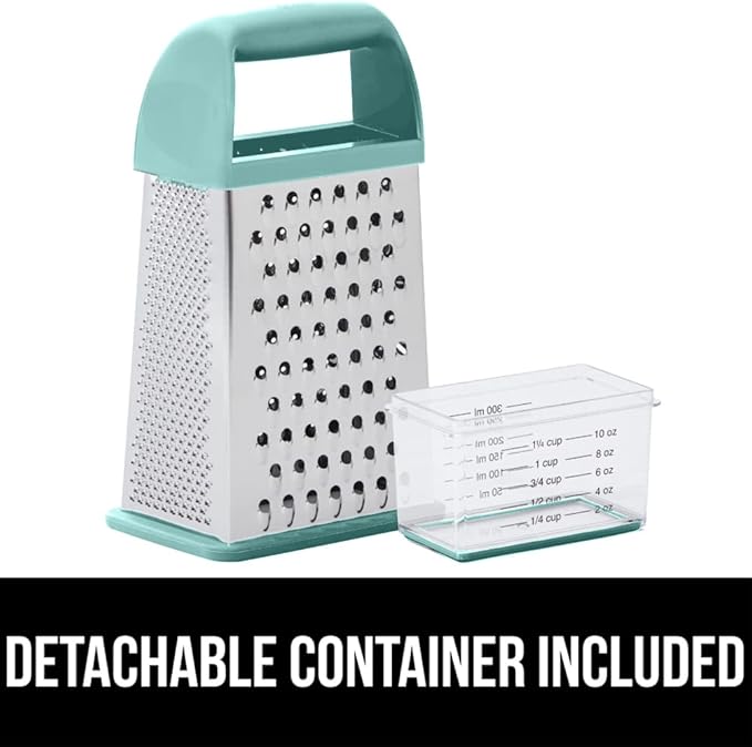GORILLA GRIP 4-Sided Stainless Steel Cheese Grater With Container, 100% BPA-Free Box Grater, Slip Resistant Base and Handle, Grate Parmesan, Hard Cheeses, Shred Vegetables, Dishwasher Safe, Mint