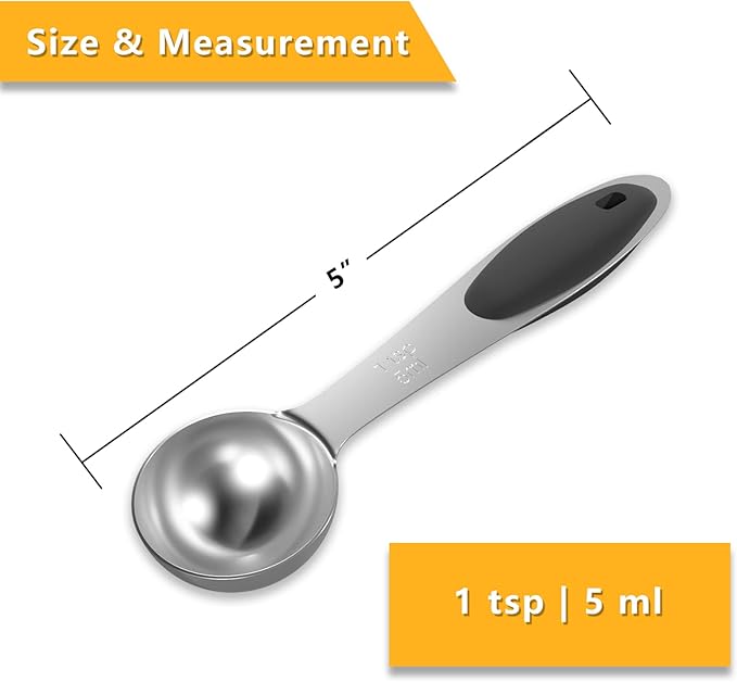 LEIFENY 4PCS 1 Tsp(1/3tbsp, 1/6oz, 5ml) Single Measuring Spoon with Black Silicone Grip, Stainless Steel Individual Measure Scoop Only