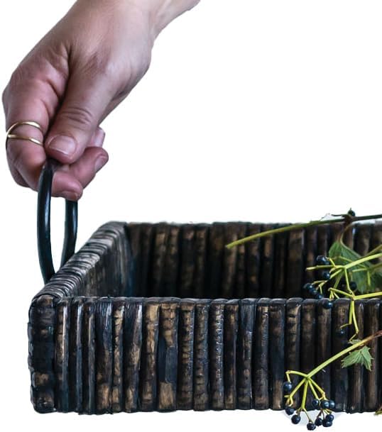 Creative Co-Op Black Rattan & Wood Tray with Handles