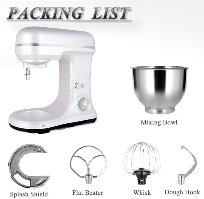 MURENKING Stand Mixer 5-QT, 6+P Speed Tilt-Head Food Mixer 300W Dough Mixer with Stainless Steel Bowl,Dough Hook,Flat Beater&Whisk Electric Kitchen Mixer for Household Baking, Anti-Slip(Pearl White)