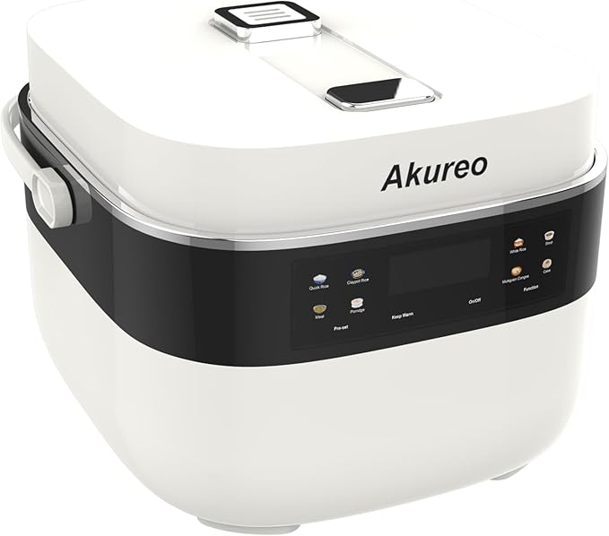Akureo 3L Smart Rice Cooker, 6-Cup Uncooked, Fuzzy Logic, Stainless steel spherical inner pot with non-stick ceramic glaze coating, Keep Warm, Cream White