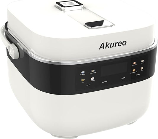 Akureo 3L Smart Rice Cooker, 6-Cup Uncooked, Fuzzy Logic, Stainless steel spherical inner pot with non-stick ceramic glaze coating, Keep Warm, Cream White