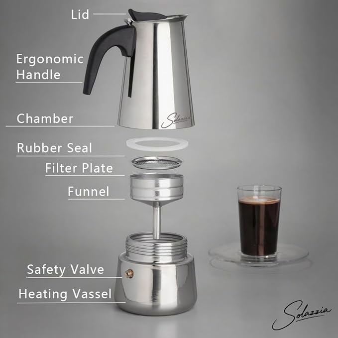 Solazzia Espresso Maker 9 Cup Moka Pot Stainless Steel Percolator coffee pot, Compatible with Gas, Electric, Ceramic, and Induction stovetops(15 fl oz/450 ml)