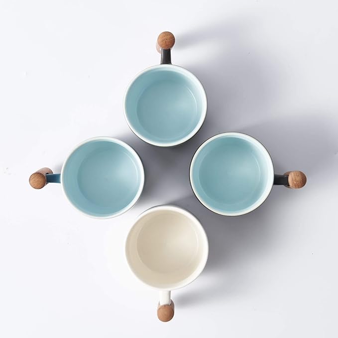 Ceramic Espresso Cups with Wooden Handle Shot Tea Porcelain Demitasse for Coffee or Tea, 3oz (Mixed, 4), 001