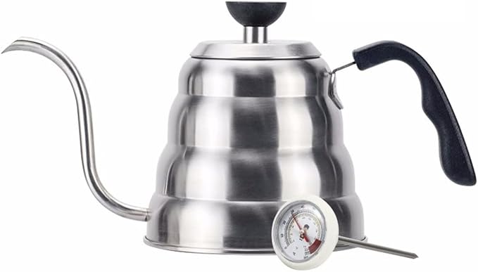 LEIYTFE Gooseneck Kettle,Coffee Pot Tea Pot,Pour Over Drip Kettle,Long Narrow Spout 33oz/40oz Coffee Kettle for Home Brewing Coffee Tea (Color : Silver, Size : 1L+Thermometer)