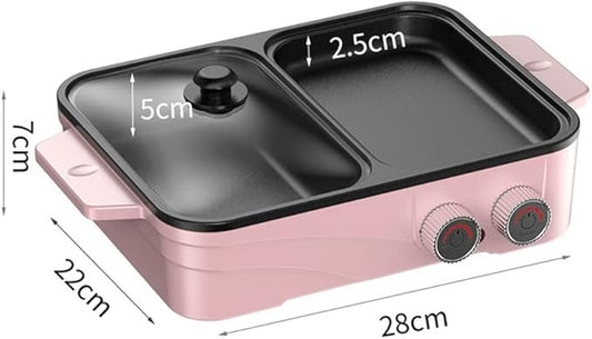 Electric Grill Indoor Hot Pot with Glass Lid & Removable Non-Stick Grill Plate,Separate Dual Temperature Contral, for 2-8 People Family Gathering Friend Meeting Party (pink)