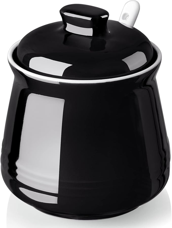 Sugar Bowl with Lid and Spoon, 12 oz Ceramic Sugar Bowl with Spoon, Sugar Container for Coffee Bar, Sugar Jar Sugar Dispenser Bowl, Modern Kitchen Decor, Black