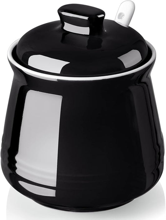Sugar Bowl with Lid and Spoon, 12 oz Ceramic Sugar Bowl with Spoon, Sugar Container for Coffee Bar, Sugar Jar Sugar Dispenser Bowl, Modern Kitchen Decor, Black