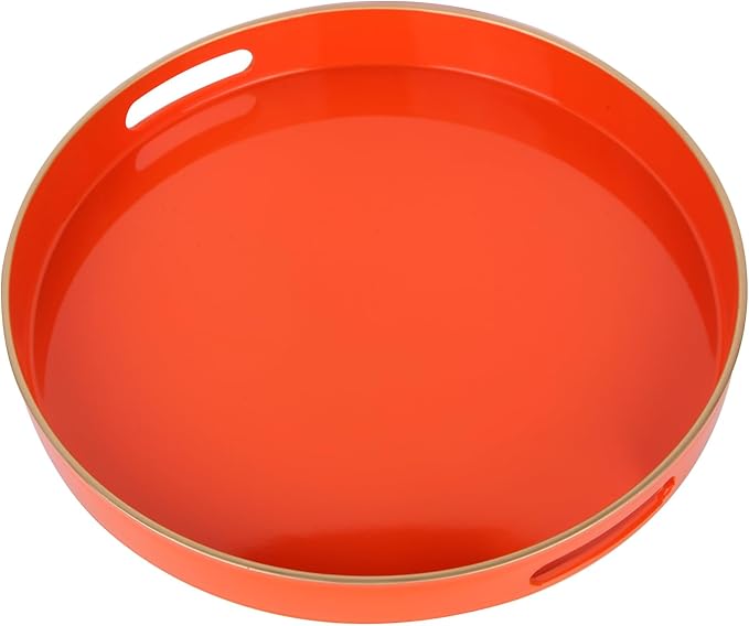Sturdy Acrylic Serving Tray with Handles-13Inch, Morden Plastic Round Serving Tray for Coffee Table Bathroom, Ottoman, Home Decor (Round - Pink) (Orange, 13" x 13" x 1.4")