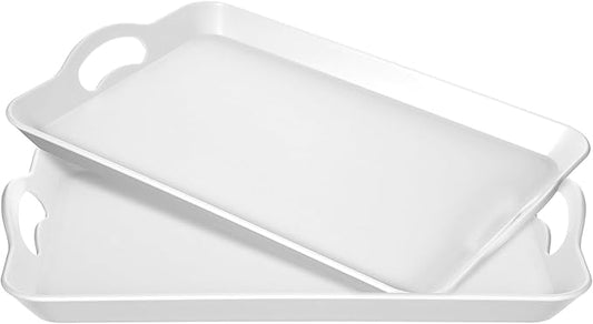 2 Pack Melamine Serving Trays with Handles, Large White Rectangular Serving Platter, Unbreakable, Suitable for Salad, Meat, Fruit Dessert, Cupcakes, Dishwasher Safe, 16.5×11×1.26 Inches