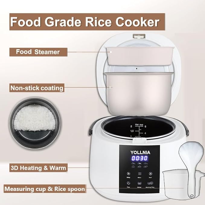 Yollnia 3L Rice Cooker 12 cups (Cooked), Mini Digital Rice Cooker,6 in 1 Multicooker for Grain, Preset and Reheat Options, 12-Hr Delay Timer, Auto Keep Warm, Non-Stick Inner Pot with Steaming Basket