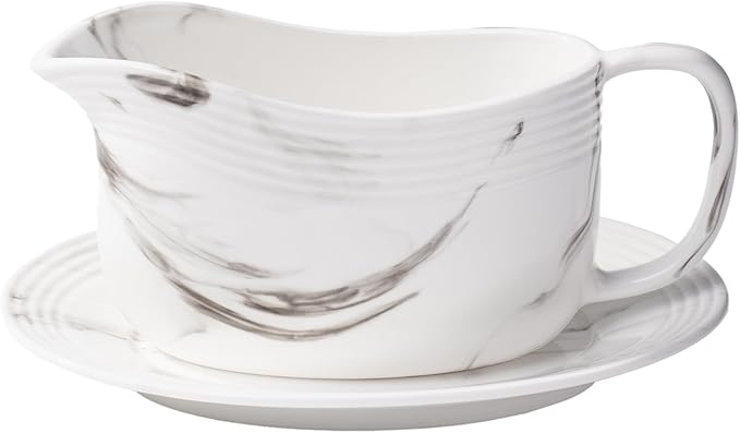 Gravy Boat with Saucer, Large Ceramic Sauce Boat with Tray for Salad Dressings, Creamer, Black Pepper, Gravy Bowl Sauce Pourer Perfect for Kitchen Accessories