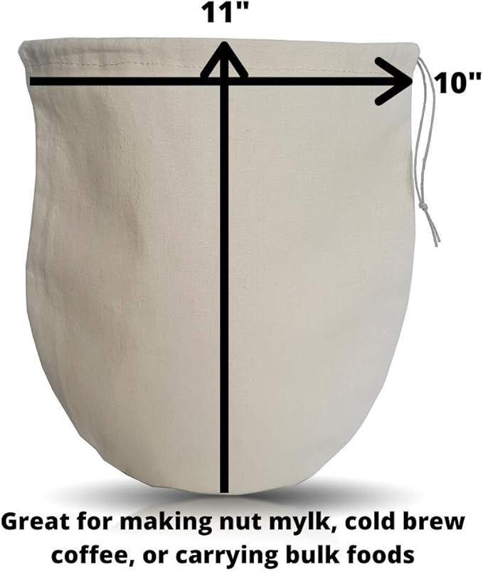 Organic Reusable Nut Milk Bag for straining almonds, cashews, oats, rice, hemp seeds and more, Cold Brew Coffee & Dry Bulk Food Bag - Made in Canada of Hemp and Organic Cotton - 100% Natural.