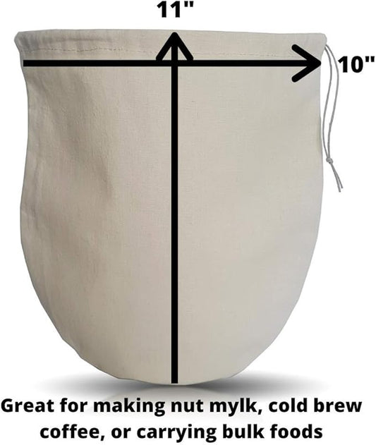 Organic Reusable Nut Milk Bag for straining almonds, cashews, oats, rice, hemp seeds and more, Cold Brew Coffee & Dry Bulk Food Bag - Made in Canada of Hemp and Organic Cotton - 100% Natural.