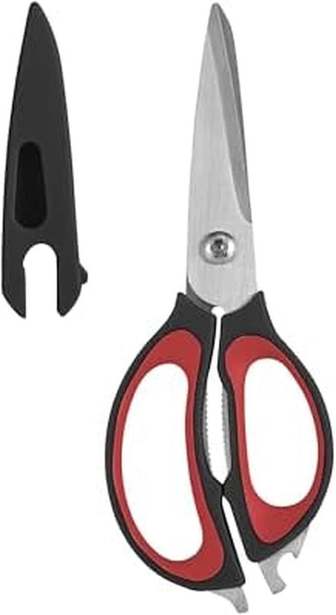 Farberware 4-in-1 Kitchen Scissors with Sheath, Multi-Use Kitchen Shears for Cutting, Jar Opener, Bottle Opener, Flathead Screwdriver - Stainless Steel Blades, 2-Piece Set (Black/Red)
