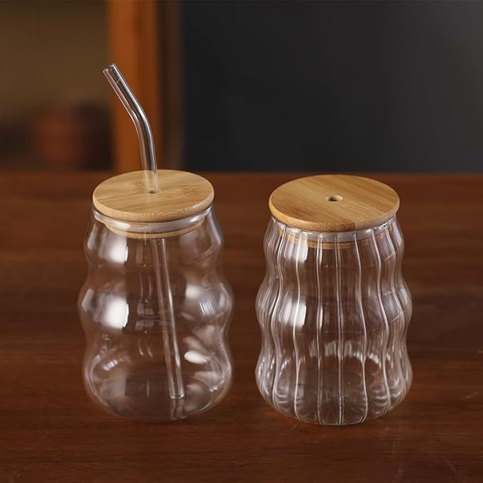2 Pcs Ribbed Glass Cups, 18 Oz Vintage Drinking Glassware with Wave Shape Design, Bubble Cups for Iced Coffee, Juice, Beverage, Milk, Cocktails, Bubble Tea, and More