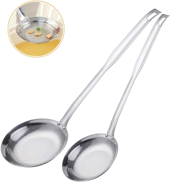 Set of 2 Food Strainers Fine Mesh, Mingcheng 304 Stainless Steel Hot Pot Fat Skimmers for Cooking Grease Gravy and Foam with Long Handle, Small(Dia 3.54in) and Large(Dia 4.53in) Size Silver