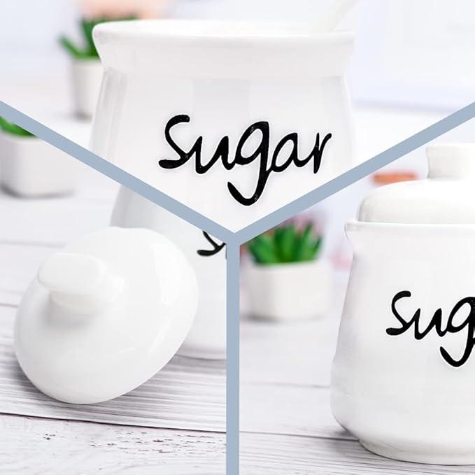 Ceramic Sugar Bowl with Lid and Spoon, 12 Ounces Porcelain Sugar Jar Sugar Dispenser, Sugar Container for Home and Kitchen Decor (White)