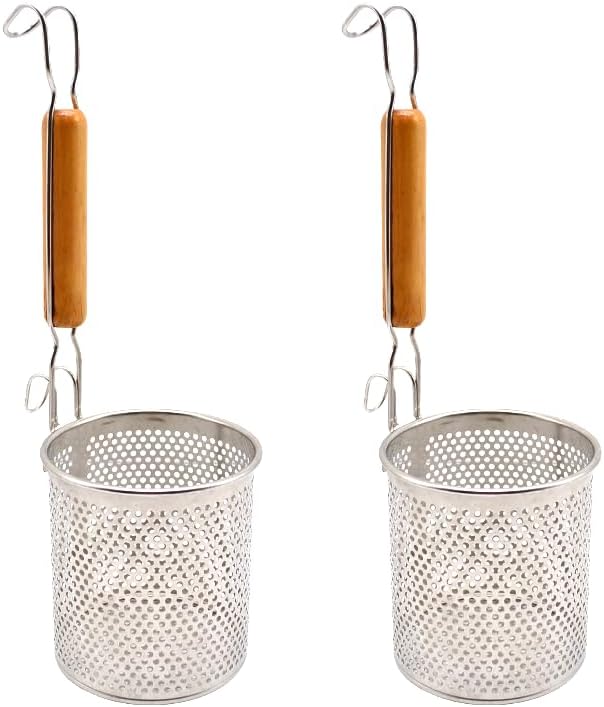 2 Pack Stainless Steel Mesh Spider Pasta Strainer Basket 4.9"D x 5.6"H with Wooden Handle for Pasta Noodle Spaghetti & Dumpling