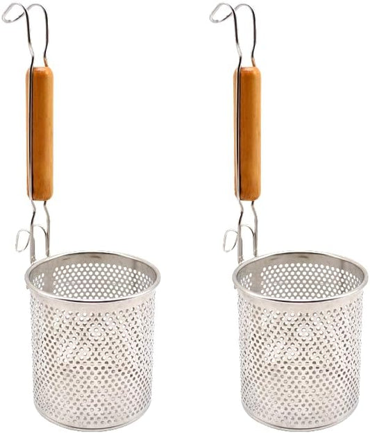 2 Pack Stainless Steel Mesh Spider Pasta Strainer Basket 4.9"D x 5.6"H with Wooden Handle for Pasta Noodle Spaghetti & Dumpling