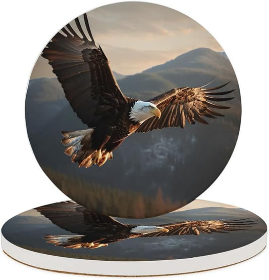 Round Coasters Set of 2, Soaring Eagle Absorbent Ceramic Coaster with Cork Base, Bar Coasters for Drinks Coffee Mugs Tea Cups Wine Glasses Home Decor Gifts (4 inches)