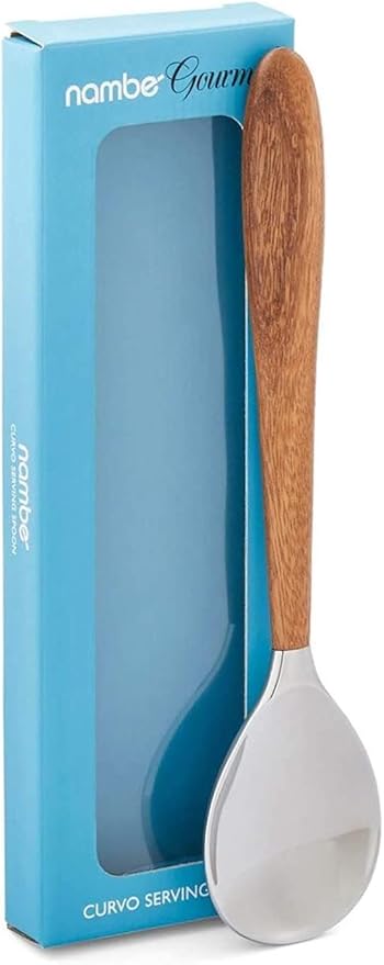 Nambé Curvo Serving Spoon, 13 x 3" Stainless Steel Bowl with Acacia Wood Handle, Modern Tableware Utensil for Serving Side Dishes, Salads, Main Courses, Pasta, Rice & Dinner Parties
