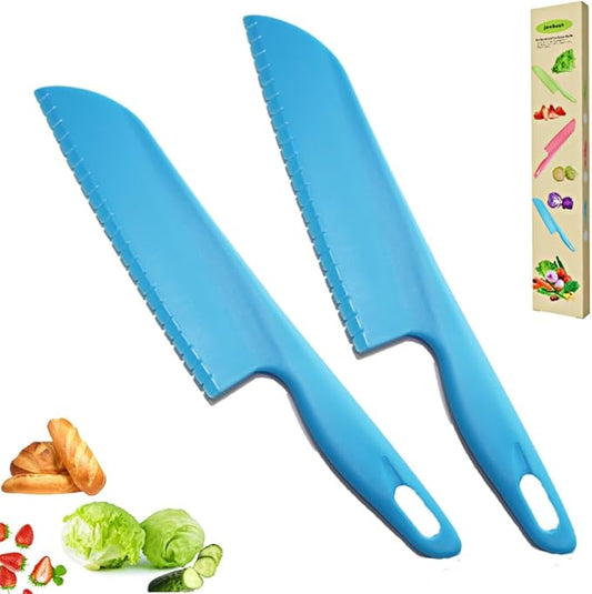 jawbush Plastic Vegetable Knife, 11" Serrated Edge Pizza Cutter with Non-slip Handle for Kitchen, Pizzas, Salad, Cakes, Bread, Fruit, and Lasagna, Nylon Knife for Nonstick Bakeware - 2-Pack, Blue