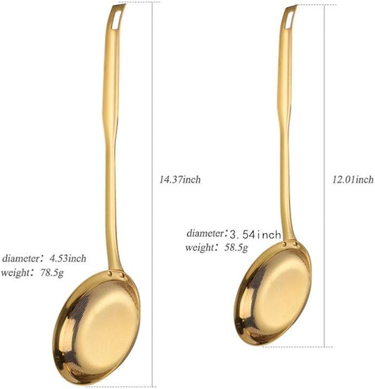 Set of 2 Food Strainers Fine Mesh, Mingcheng 304 Stainless Steel Hot Pot Fat Skimmers for Cooking Grease Gravy and Foam with Long Handle, Small(Dia 3.54in) and Large(Dia 4.53in) Size Gold