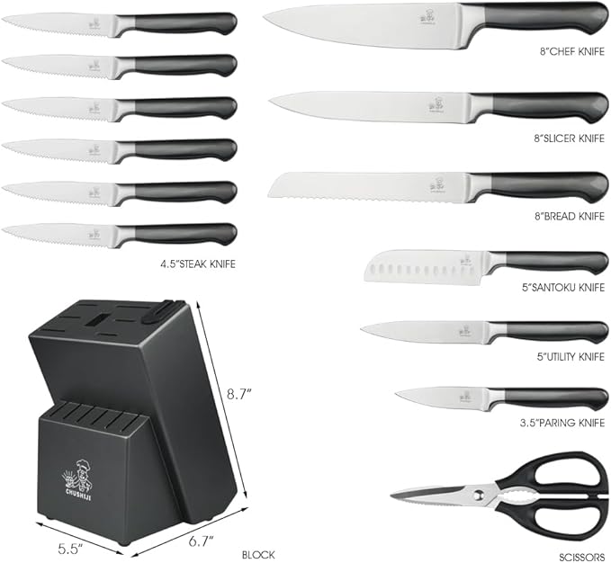 15-Piece German Kitchen Knife Set with Block - Ultra-Sharp Full-Tang Stainless Steel Blades, Built-In Sharpener, Dishwasher Safe, Ergonomic Non-Slip Handles, Christmas Elegant Gift Box, Modern Gray