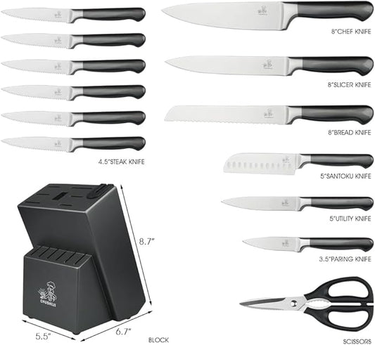 15-Piece German Kitchen Knife Set with Block - Ultra-Sharp Full-Tang Stainless Steel Blades, Built-In Sharpener, Dishwasher Safe, Ergonomic Non-Slip Handles, Christmas Elegant Gift Box, Modern Gray