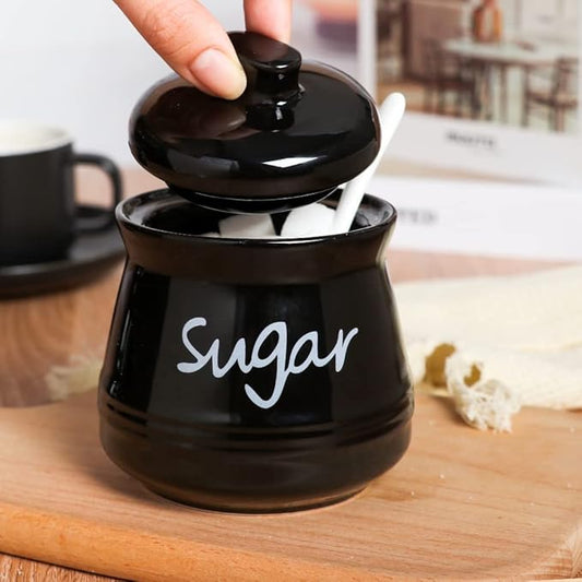 Porcelain Sugar Bowl with Lid and Spoon, 12 Ounces Ceramic Sugar Storage Jar, Sugar Container for Home and Kitchen (Black)