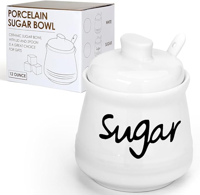 Ceramic Sugar Bowl with Lid and Spoon, 12 Ounces Porcelain Sugar Jar Sugar Dispenser, Sugar Container for Home and Kitchen Decor (White)